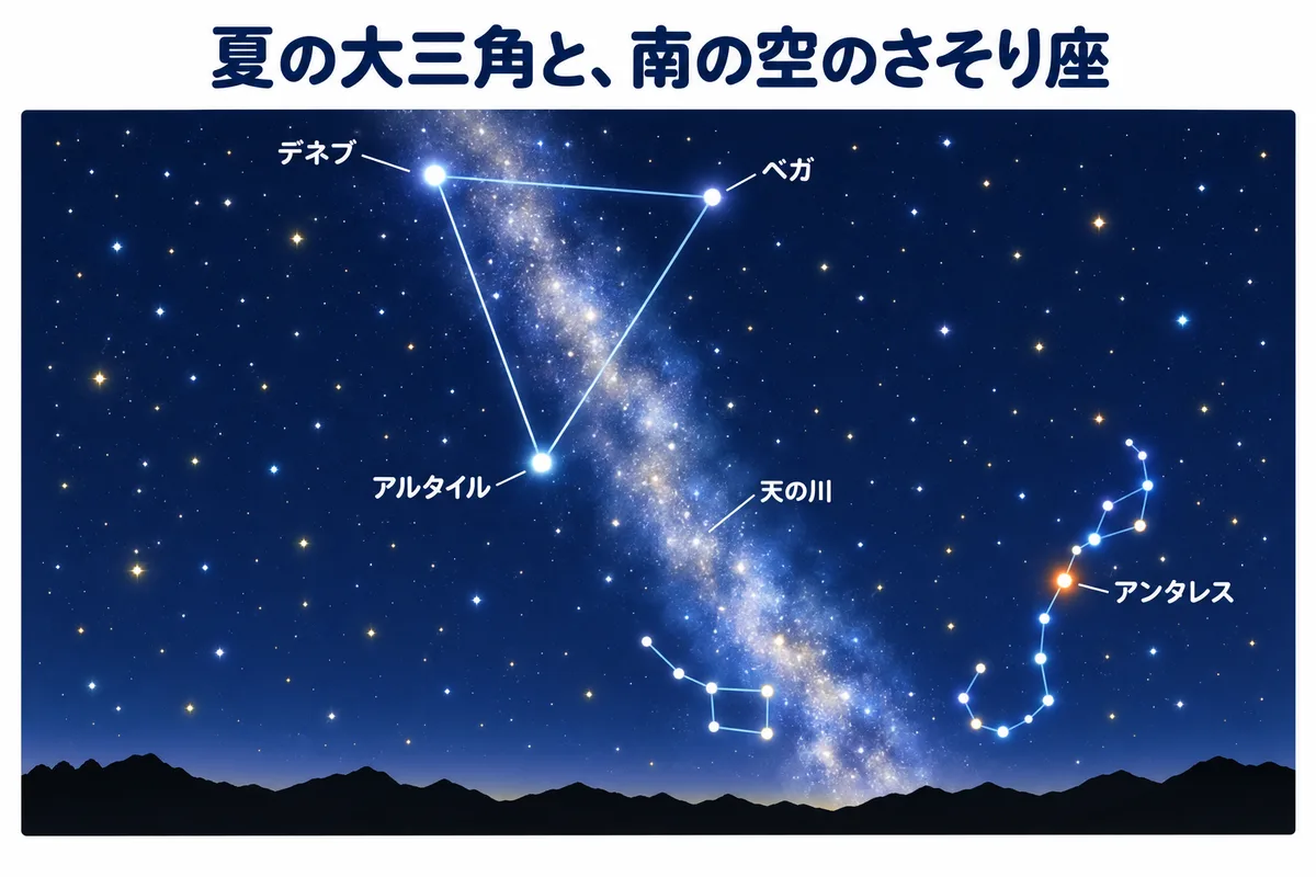 夏の大三角と天の川、南の低い空のさそり座とアンタレス、いて座の南斗六星をえがいた星図