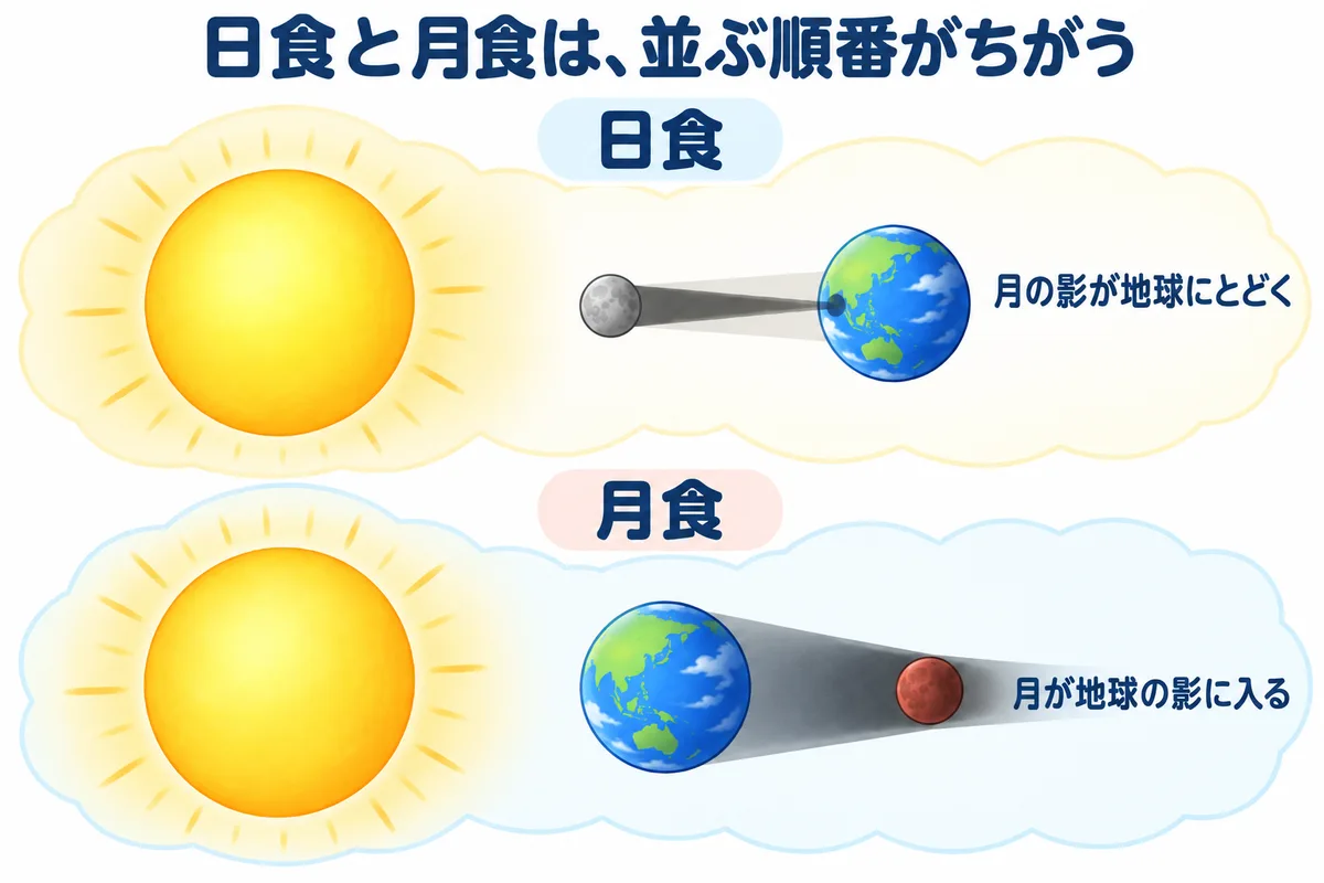 太陽・月・地球の並びで起こる日食と、太陽・地球・月の並びで起こる月食をくらべた図解