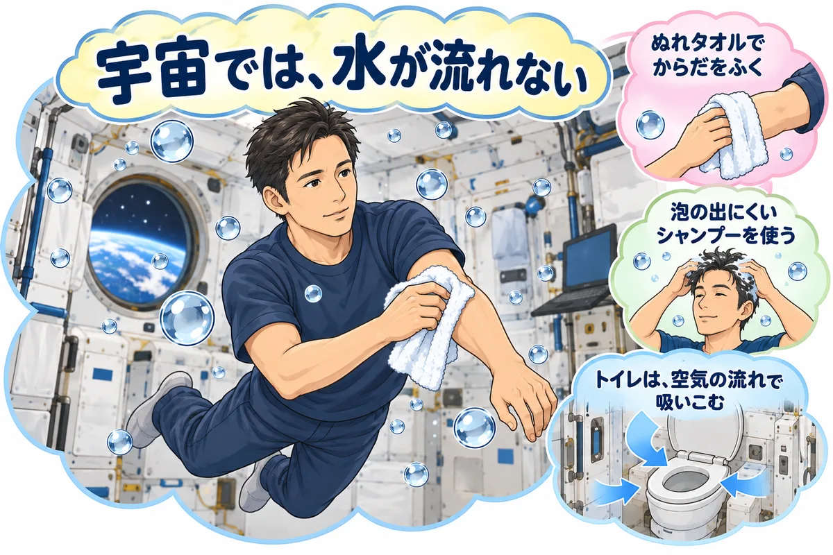 宇宙ステーションの中で浮かびながら、ぬれタオルで腕をふく宇宙飛行士と、丸い水のつぶの図解
