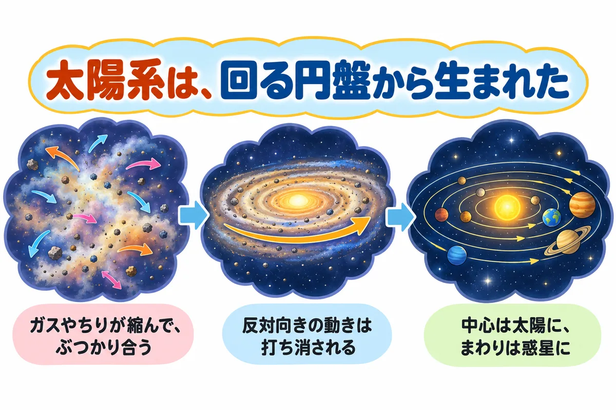 ばらばらに動くガスとちりが、同じ向きに回る円盤になり、太陽と惑星が生まれるまでの図解