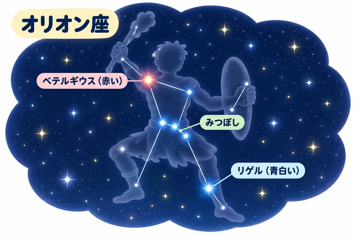 オリオン座の星の並び。左上の赤いベテルギウス、右下の青白いリゲル、真ん中にななめに並ぶ3つの星