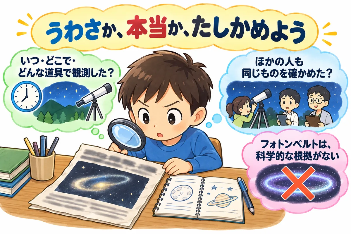 机の上のうわさの紙を虫めがねで調べる子どもと、観測記録のノートの図解