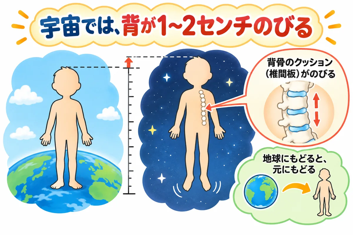 地球に立つ人と宇宙で浮かぶ人のシルエットを並べ、背骨の椎間板を拡大した図解