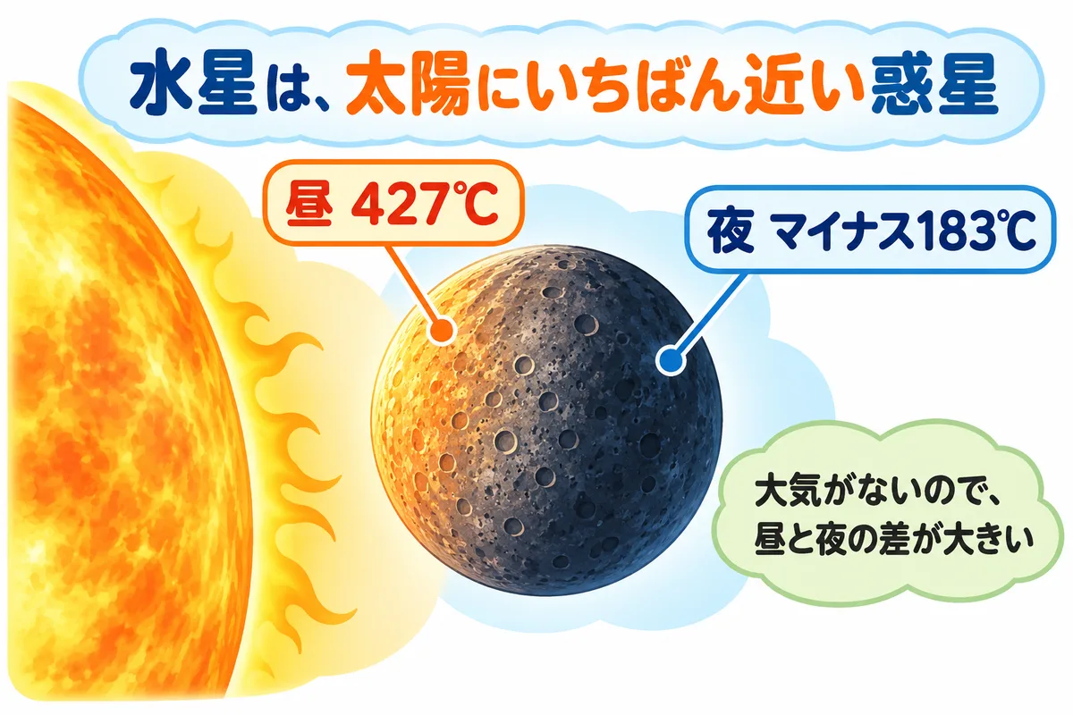太陽のすぐ近くを回る、クレーターだらけの小さな水星の図解