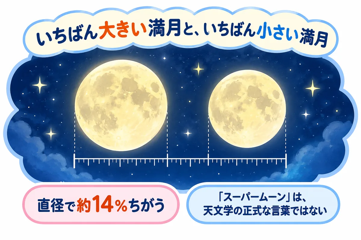 少しだけ大きい満月と少しだけ小さい満月を左右に並べ、目盛りで大きさをくらべる図解