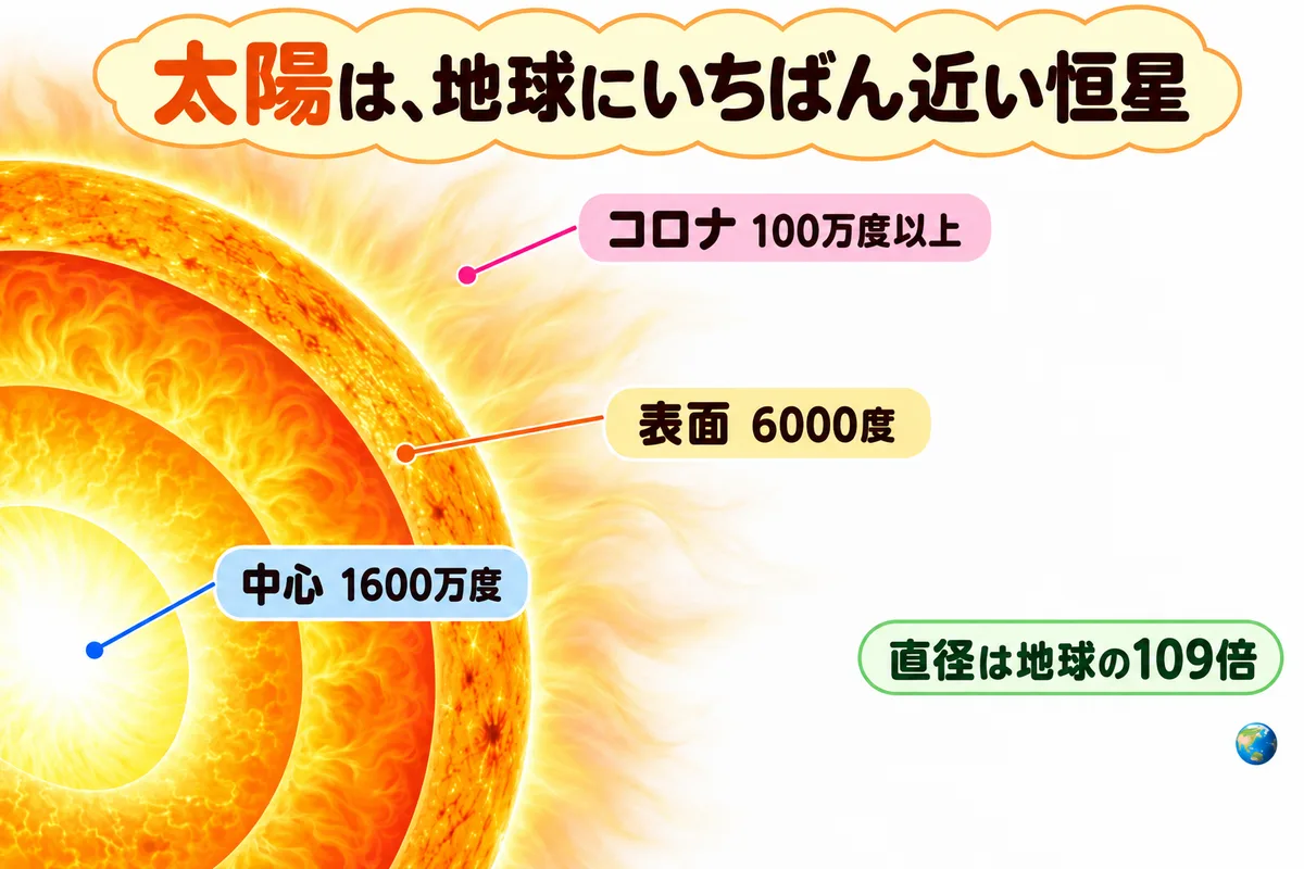 大きな太陽と小さな地球をならべた図解。太陽の中心から表面、コロナまでの温度のちがいを示す