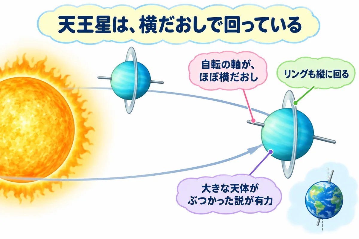 自転の軸が横だおしのまま太陽のまわりを回る天王星と、縦方向に回るリングの図解