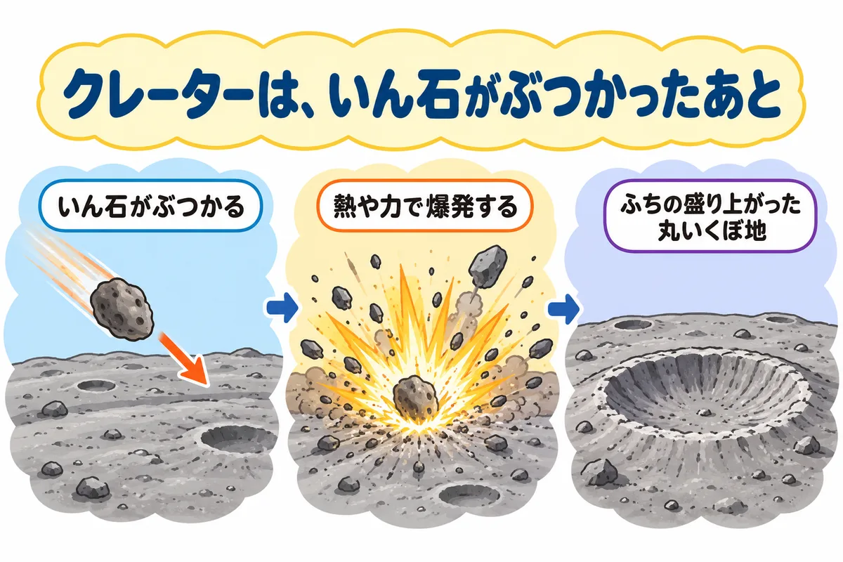 いん石が月にぶつかり、ふちの盛り上がった丸いくぼ地（クレーター）ができるまでの図解