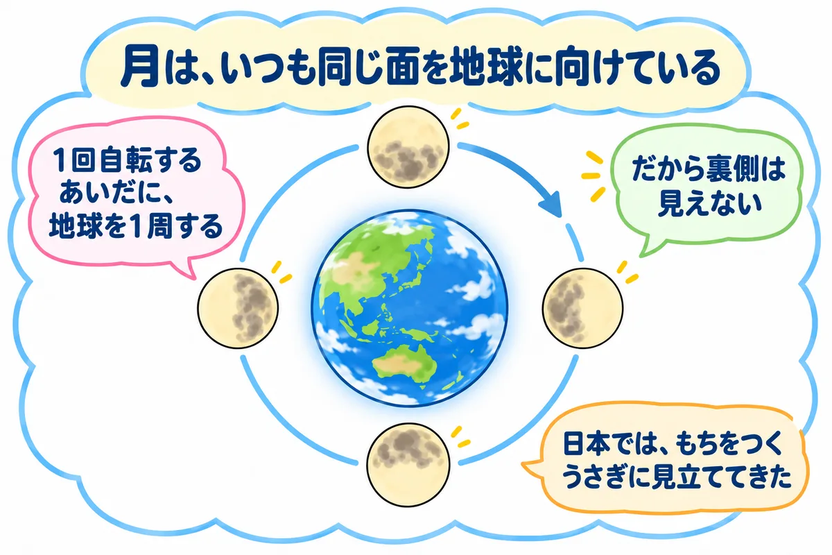 地球のまわりを回る月が、いつも同じ面（うさぎの模様）を地球に向けている図解