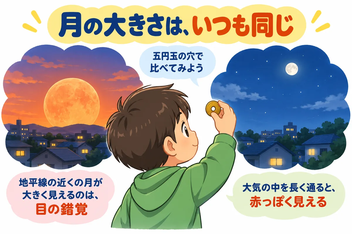 地平線近くの赤く大きく見える月と高い空の白い月、五円玉の穴から月をのぞく子どもの図解
