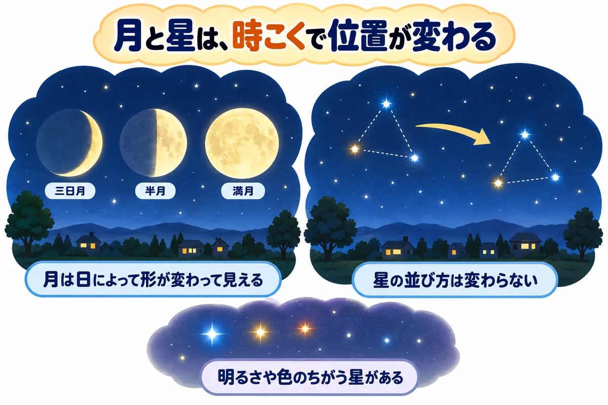三日月・半月・満月の形のちがいと、並び方を保ったまま位置が動く星座の図解