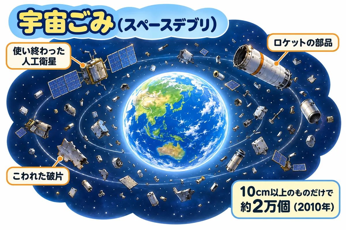 地球のまわりの軌道に、古い人工衛星やロケットの部品、破片が浮かんでいる図解