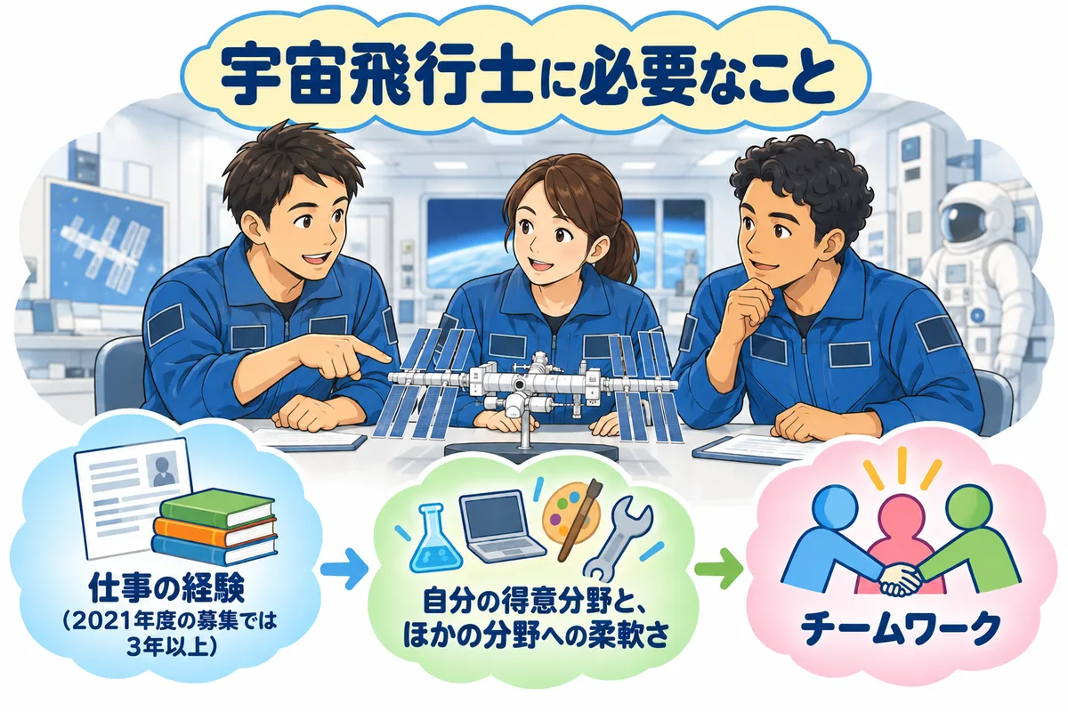 訓練施設のテーブルで、宇宙ステーションの模型を囲んで話し合う大人の宇宙飛行士候補者3人の図解