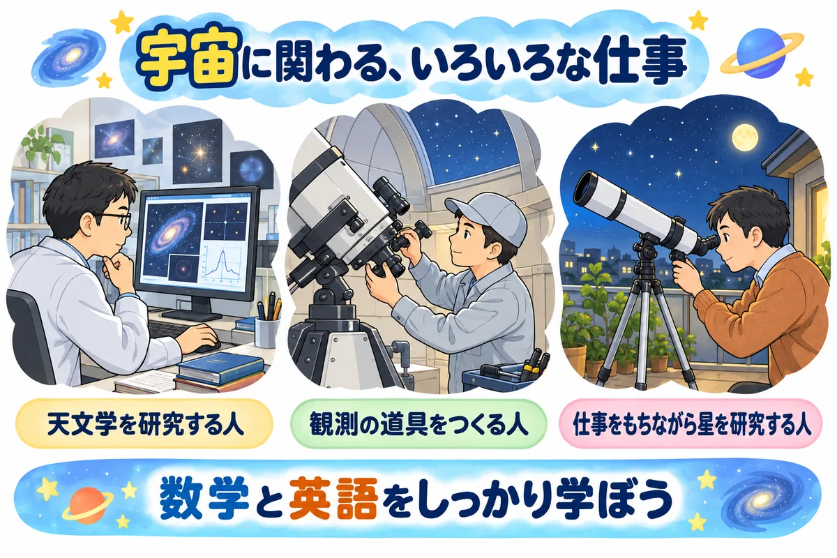 天文台の研究室でデータを見る研究者、望遠鏡を点検する技術者、ベランダで星を見るアマチュア天文家の図解