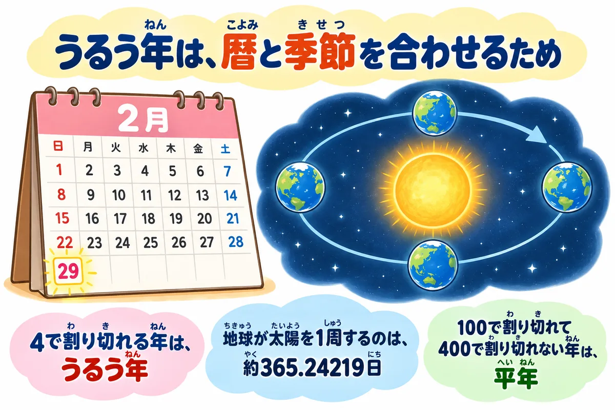29日のマスが光る2月のカレンダーと、太陽のまわりを1周する地球の軌道の図解